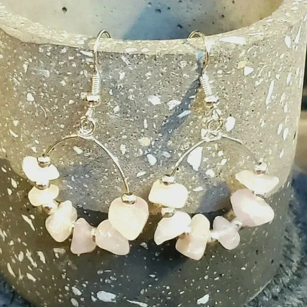 Handcrafted Baroque Rose Quartz Gemstone Sterling Silver Plated Hoop Earrings